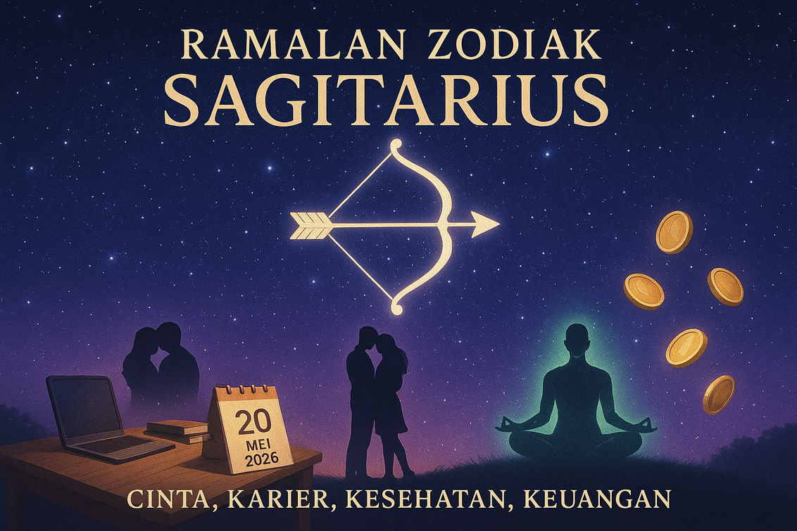 Certainly! Here's the alt text: ``` Ramalan Sagitarius 20 Mei 2026: Kesuksesan marketing meningkat, hubungan cinta semakin harmonis. ```